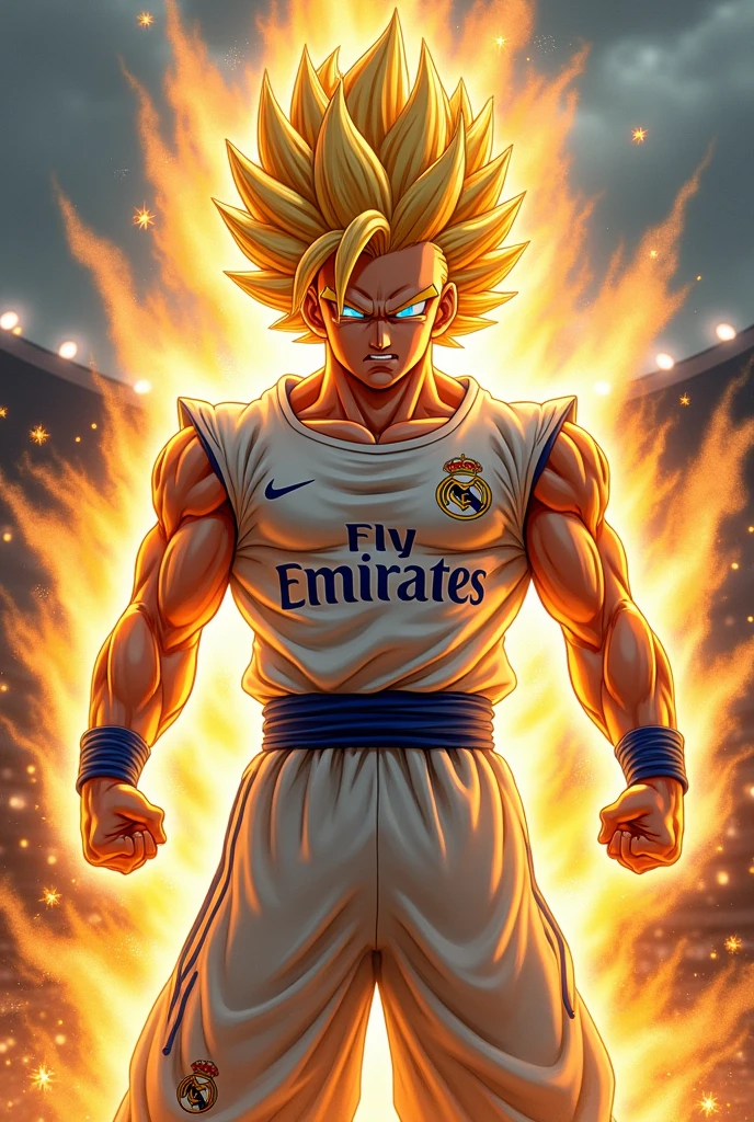 Real Madrid player animated in Dragon Ball Z Super Saiyan style 