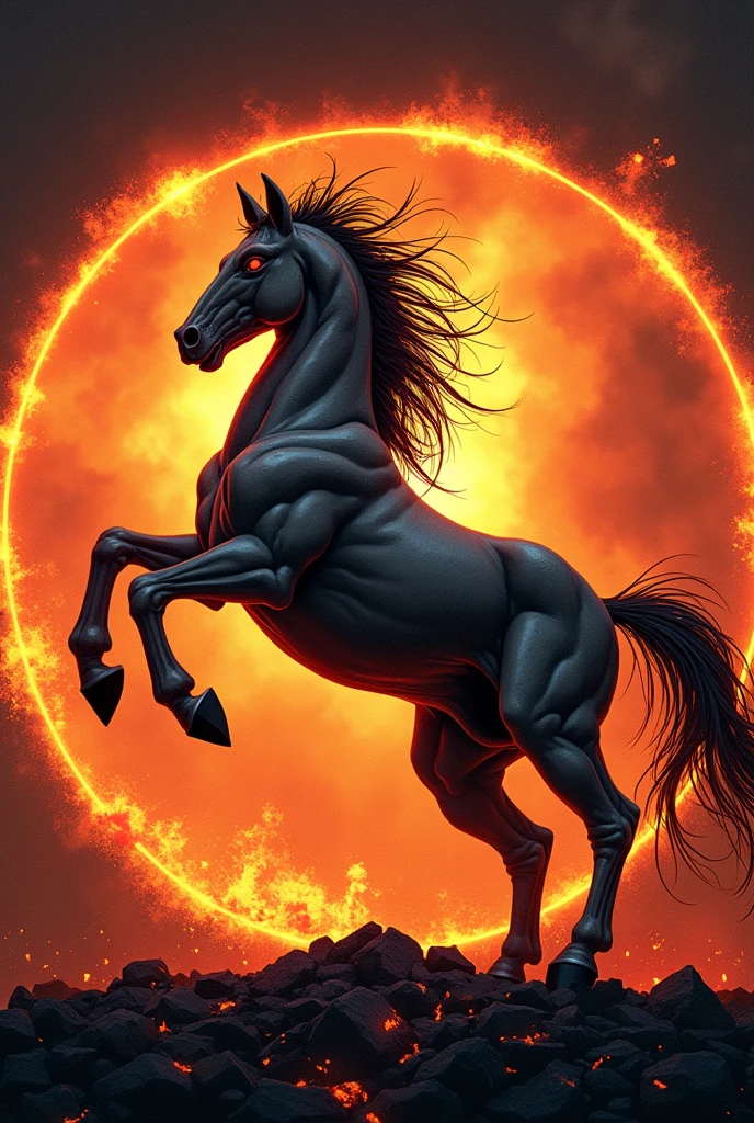 Create a round picture with a white aggressive powerful Pullhors standing on its hind hooves. It is very muscular,has prominent veins and red eyes. It stands on a burning coal base and in the background is a flaming inferno. A lettering around the picture: Engagement OPS Area 51
