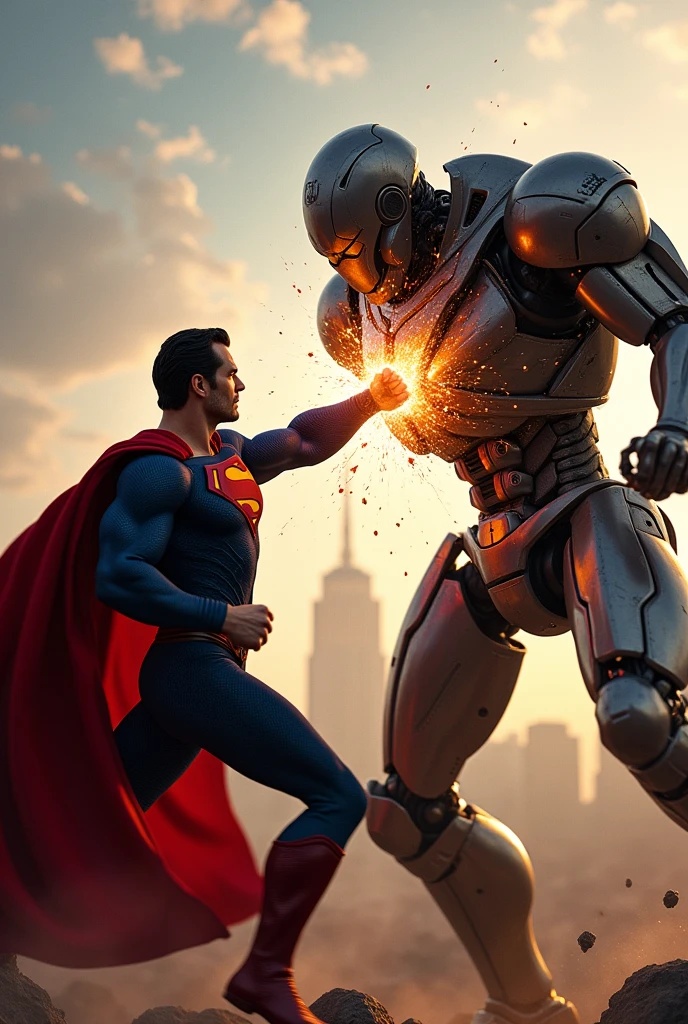 Superman punching a robot and destroying it