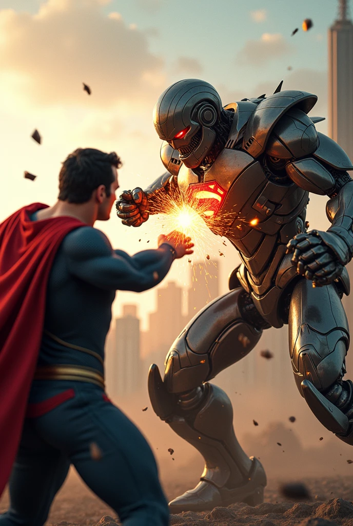 Superman punching a robot and destroying it