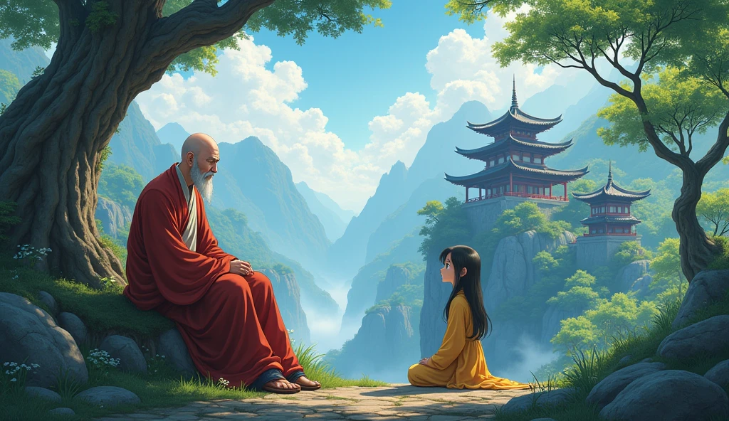 Old chinese bald monk sensei talking to young monk desciple, sitting, beautiful scenario, trees, temples, cliff, in anime style,