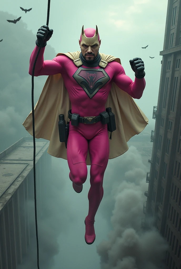 Malaysia man in high-tech suit, vivid effects, malaysian superhero (KELUANG MAN) in a striking pink and beige costume cyberpunk design, mask small mini bat ear beige, daredevil beige mask, jumpsuit dark pink stands confidently in a dramatic.jumping from high place.hero costume.one hand rise up. Big triangle logo on the chest.high detail Punisher logo on the chest. Fighting pose , stormy landscape. ((Head covered node guard like batman. Running pose , athletic body type, small mini ear bat mask))The character wears domino mask a helmet with pointed mini torn ears and a flowing cape biege, open nose and mouth. Equipped with visible futuristic weapons on a belt,bullet proof jacket pink dark day.show fingers pose, dark night, big supermoon effect . Small logo on chest triangle shape small punisher logo center triangle cyber logo center on chest pink logo mini logo . rocky. Building top.smoke ground , bomb effect background, losse pants, losses costume.adding to --ar 3:4 --style raw --stylize 500 --v 6.1. chaos. Lot of small flying bat. One leg on the high stone. Man . Real man age 40 year old. One hand holding belt.one hand holding black rope hanging on building
