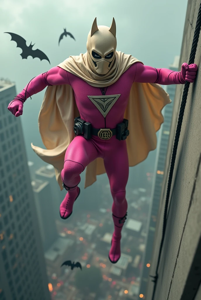 Malaysia man in high-tech suit, vivid effects, malaysian superhero (KELUANG MAN) in a striking pink and beige costume cyberpunk design, mask small mini bat ear beige, daredevil beige mask, jumpsuit dark pink stands confidently in a dramatic.jumping from high place.hero costume.one hand rise up. Big triangle logo on the chest.high detail Punisher logo on the chest. Fighting pose , stormy landscape. ((Head covered node guard like batman. Running pose , athletic body type, small mini ear bat mask))The character wears domino mask a helmet with pointed mini torn ears and a flowing cape biege, open nose and mouth. Equipped with visible futuristic weapons on a belt,bullet proof jacket pink dark day.show fingers pose, dark night, big supermoon effect . Small logo on chest triangle shape small punisher logo center triangle cyber logo center on chest pink logo mini logo . rocky. Building top.smoke ground , bomb effect background, losse pants, losses costume.adding to --ar 3:4 --style raw --stylize 500 --v 6.1. chaos. Lot of small flying bat. One leg on the high stone. Man . Real man 0 year old. One hand holding belt.one hand holding black rope hanging on building