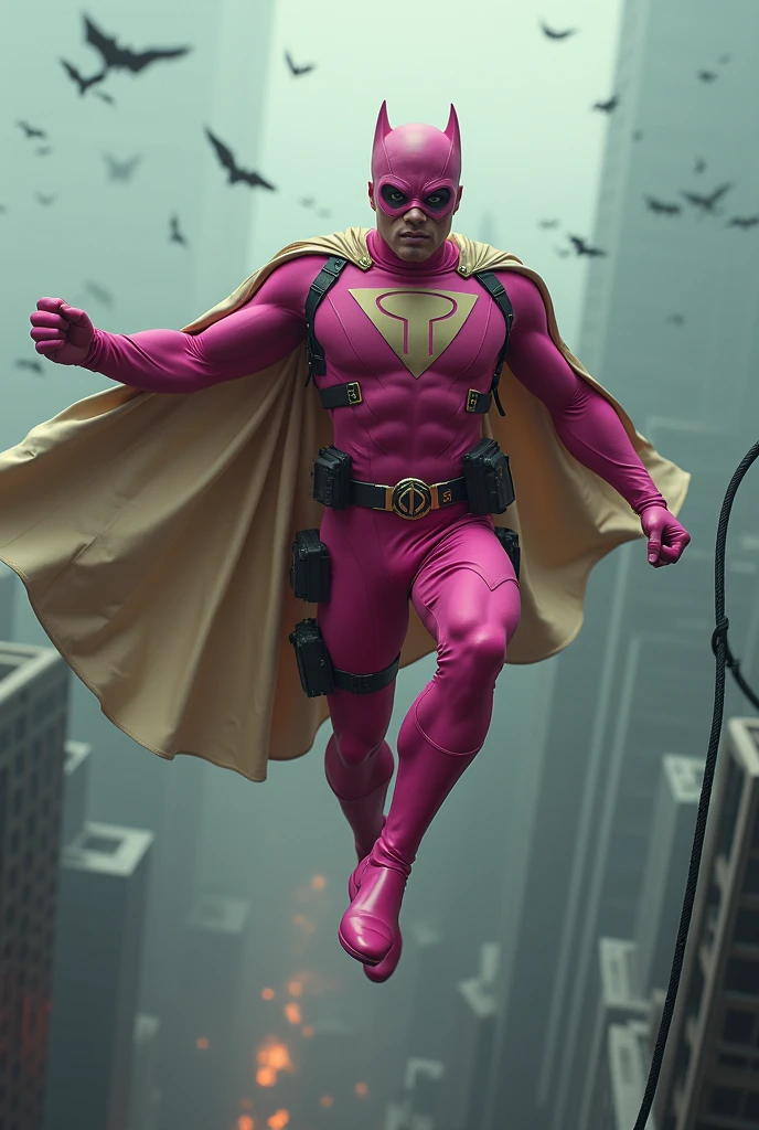 Malaysia man in high-tech suit, vivid effects, malaysian superhero (KELUANG MAN) in a striking pink and beige costume cyberpunk design, mask small mini bat ear beige, daredevil beige mask, jumpsuit dark pink stands confidently in a dramatic.jumping from high place.hero costume.one hand rise up. Big triangle logo on the chest.high detail Punisher logo on the chest. Fighting pose , stormy landscape. ((Head covered node guard like batman. Running pose , athletic body type, small mini ear bat mask))The character wears domino mask a helmet with pointed mini torn ears and a flowing cape biege, open nose and mouth. Equipped with visible futuristic weapons on a belt,bullet proof jacket pink dark day.show fingers pose, dark night, big supermoon effect . Small logo on chest triangle shape small punisher logo center triangle cyber logo center on chest pink logo mini logo . rocky. Building top.smoke ground , bomb effect background, losse pants, losses costume.adding to --ar 3:4 --style raw --stylize 500 --v 6.1. chaos. Lot of small flying bat. One leg on the high stone. Man . Real man age 40 year old. One hand holding belt.one hand holding black rope hanging on building
