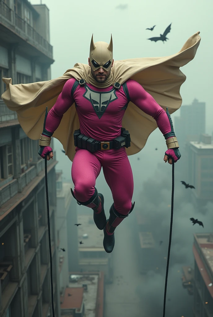 Malaysia man in high-tech suit, vivid effects, malaysian superhero (KELUANG MAN) in a striking pink and beige costume cyberpunk design, mask small mini bat ear beige, daredevil beige mask, jumpsuit dark pink stands confidently in a dramatic.jumping from high place.hero costume.one hand rise up. Big triangle logo on the chest.high detail Punisher logo on the chest. Fighting pose , stormy landscape. ((Head covered node guard like batman. Running pose , athletic body type, small mini ear bat mask))The character wears domino mask a helmet with pointed mini torn ears and a flowing cape biege, open nose and mouth. Equipped with visible futuristic weapons on a belt,bullet proof jacket pink dark day.show fingers pose, dark night, big supermoon effect . Small logo on chest triangle shape small punisher logo center triangle cyber logo center on chest pink logo mini logo . rocky. Building top.smoke ground , bomb effect background, losse pants, losses costume.adding to --ar 3:4 --style raw --stylize 500 --v 6.1. chaos. Lot of small flying bat. One leg on the high stone. Man . Real man age 40 year old. One hand holding belt.one hand holding black rope hanging on building