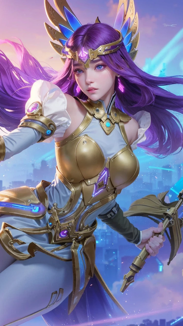 hyper realistic, masterpiece, very detailed, sci-fi, dystopian, (beautiful eyes ), (bangs), brunette, Woman, detailed face, detailed skin, baggy clothes, thigh high socks, skirt, cyberpunk, soft light, subsurface scattering,((skyline)), cumulonimbus clouds, busy street, polluted, dust,