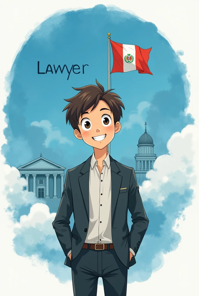 Hello, I want a picture of a tender lawyer man, young, Happy and smiling,with big eyes and short hair, Studio Ghibli themed. In the background there is a blue circular watercolor with clouds, The court of justice with the flag of Peru in the background and a text above that says Lawyer. More animated in Ghibli drawing format and lawyer suit.