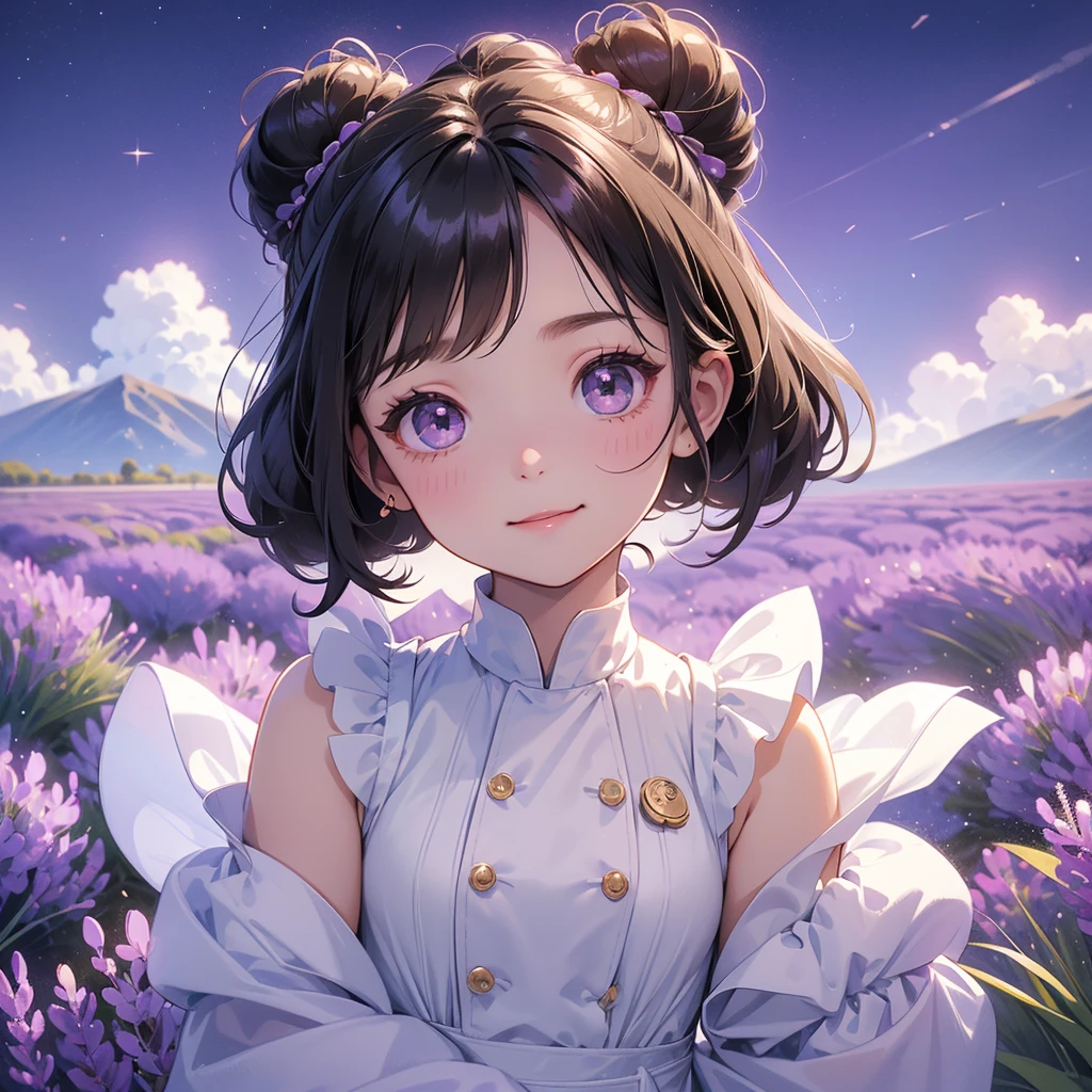 A chibi child girl had a small face and wearing a little tourist priest’s outfit, a pair of big round eyes shone with curiosity about him. This child was so cute, her hair is black with buns on her hair. Small chibi , chibi baby, smiling , chibi. 

Stroll among the purple lavender fields , There are some floating clouds.