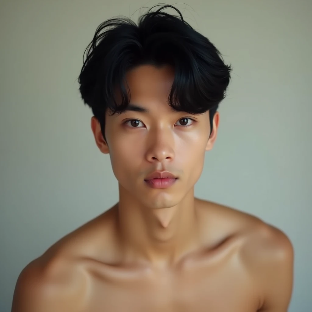Masterpiece, detailed, 8k, a delicate and graceful portrait of a young handsome indonesian male, shirtless, black hair, beautiful eyes, super detailed face,