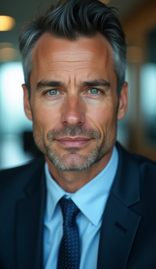 (Highest quality,4K,8K,High resolution,masterpiece:1.2),Super detailed,(Realistic,photoRealistic,photo-Realistic:1.37),1 personld,Mature Men,Beautiful skin、very handsome,Expressionless smile in love,Short blue hair,green eyes,Sharp Eyes,A perfect face without a doubt,Businessman, CEO, Office Background,Cinema Lighting,HDR image,tie、