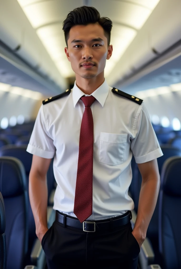 a picture of a male cabin crew member of Thai descent standing confidently in an airplane cabin. He has sleek, middle-parted hair and is wearing a crisp white shirt, with an undershirt subtly visible underneath. His attire includes black pants, and a red patterned necktie. Black shoulder badges are visible, indicating his rank or role. He stands with both hands casually in his pockets, exuding professionalism and approachability in the cabin's aisle.