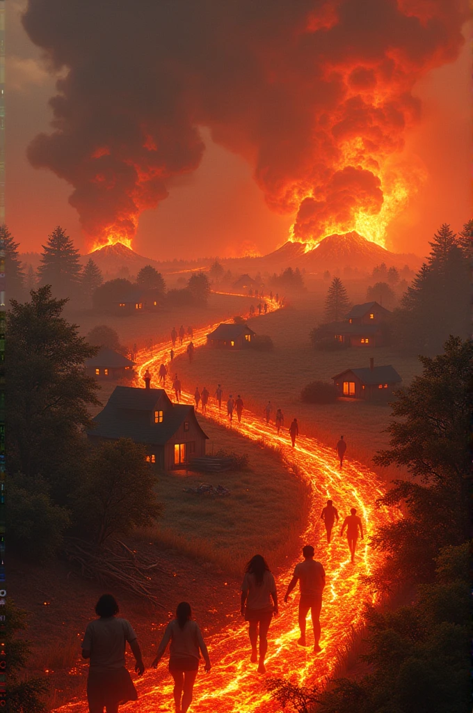 Lava engulfs the homes and fields of the settlement. People are seen fleeing in panic, with some caught in the advancing lava, their efforts to escape becoming increasingly desperate.