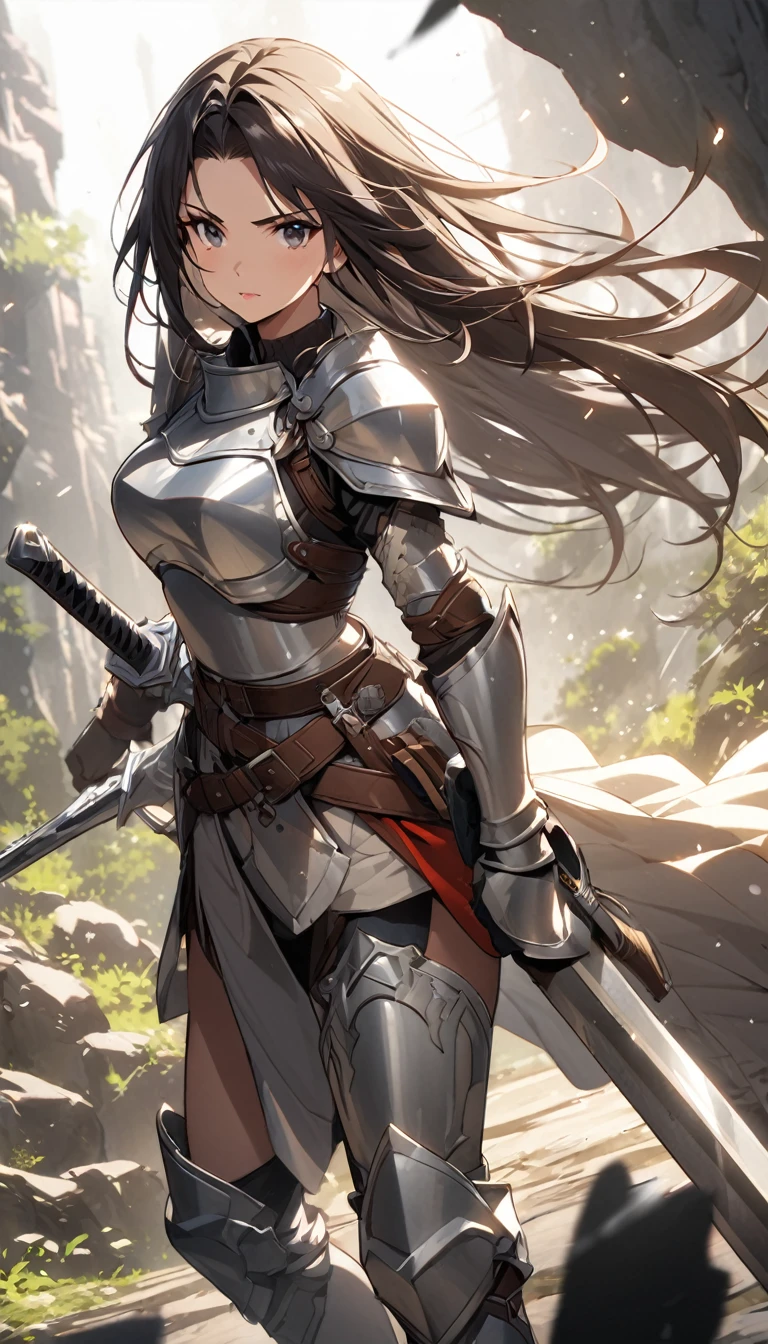 Ultra-high definition image quality、beautiful girl、Female Warrior、Female Swordsman、Light Armor、Silver Boots、Long Hair、knight&#39;hair ornaments、Black Hair、20-year-old、Be confident々face、Very short tight skirt、Sexy posture、wilderness、Highest quality,Big Ass、Big Breasts、Thighs、Grabbing the spear、Gorgeous embroidered lace panties、Joan of Arc style clothing、Wind King Barrier、Her hair is blowing in the wind、The Sword of Promised Victory、god々Wearing a bright aura、Big Ass、Valkyrie the War Maiden、Crotch close-up、Angle from directly below、Squat with your legs apart、（Confused eyes）、３White eyes、Demon King