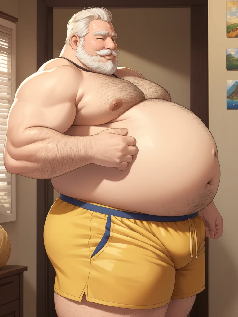 fat daddy, hot daddy, a smiling obese old man, chubby, big fat, detailed realistic portrait, 8k high resolution, topless, sumo physique, side view, perfect center, full view, realistic skin texture, wrinkled face, short hair, thick mustache, white hair, bearded, jovial expression, huge belly, fat, wearing shorts, high detail, masterpiece, (best quality,4k,8k,highres,masterpiece:1.2),ultra-detailed