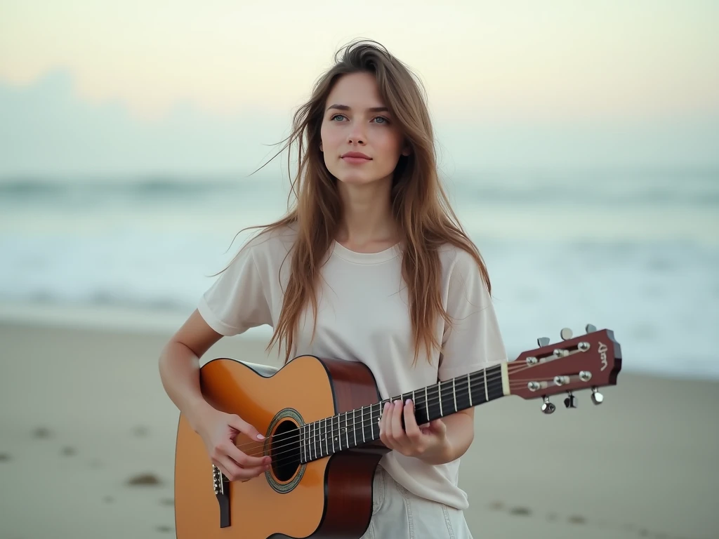 fot, taken from a distance that shows the entire body, She is very young, plein-air, em uma praia, short mini skirt and t-shirt, medium hips, Caucasian skin, sad for a lost love, long brown hair, a softened wry smile - contained excitement, Soft lighting on your face, realistic skin-clothes-hair textures, sky blue eyes carpeted mist, beautiful real textures and delicate aesthetics, full body view, playing guitar, notable for natural feminine beauty, noise, 8 k quality, FOTO RAW, by professional photographer, rule of thirds, Extremely Detailed