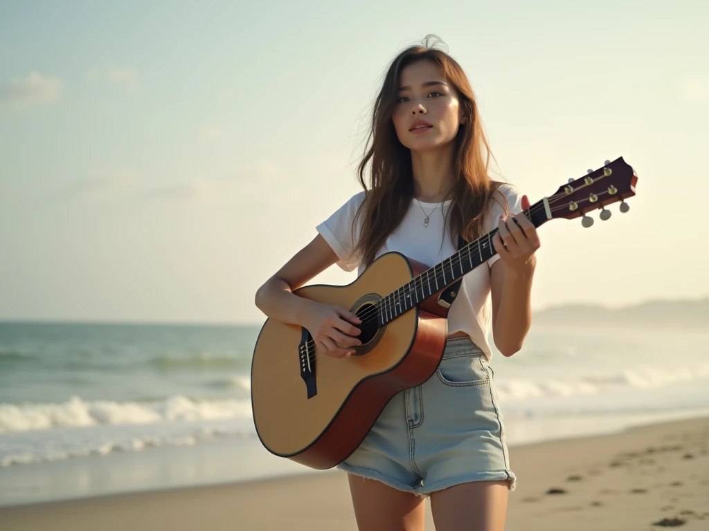 fot, taken from a distance that shows the entire body, She is very young, plein-air, em uma praia, short mini skirt and t-shirt, medium hips, Caucasian skin, sad for a lost love, long brown hair, a softened wry smile - contained excitement, Soft lighting on your face, realistic skin-clothes-hair textures, sky blue eyes carpeted mist, beautiful real textures and delicate aesthetics, full body view, playing guitar, notable for natural feminine beauty, noise, 8 k quality, FOTO RAW, by professional photographer, rule of thirds, Extremely Detailed