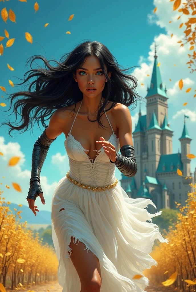 Caramel skinned princess with long black hair and blue eyes. your hands are wearing a pair of iron gloves that cover your fingers. She is wearing a white wedding dress that is ripped and shows her back with a vertical tear.. She is running to a turquoise palace and is scared. . Golden leaves fall from the blue sky. There are black and gold veins popping out from her bare back. Realistic illustration like fairy tales.
