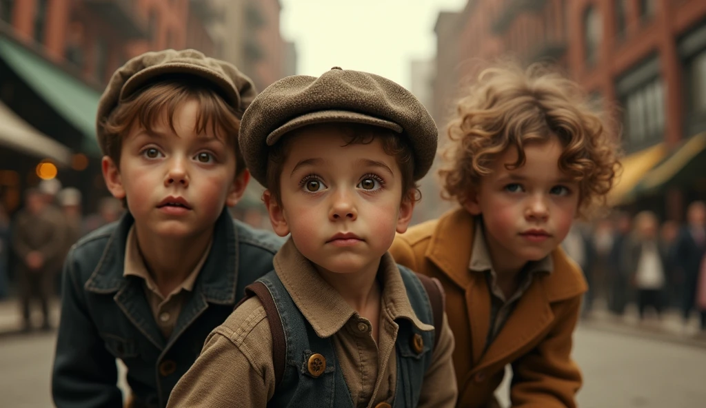 1912 New York City, children playing in the streets, detailed portrait, beautiful detailed eyes, beautiful detailed lips, extremely detailed face, long eyelashes, vintage, antique, sepia-toned, warm lighting, nostalgic, cinematic, film grain, intricate details, atmospheric, high quality, photorealistic, 8k, masterpiece