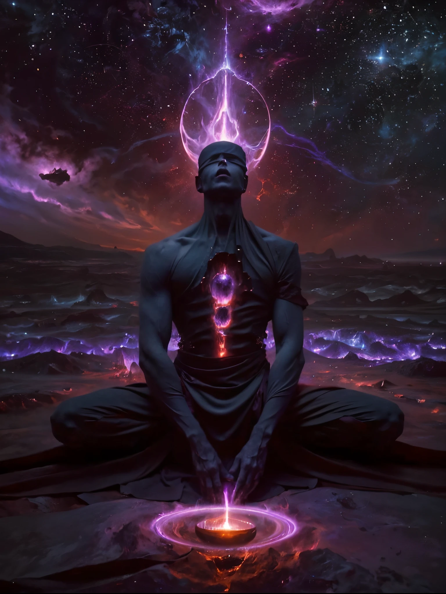 Create a highly detailed and atmospheric digital painting of a cosmic dark entity meditating in a lotus position on the surface of a barren planet. The entity has a shadowy, featureless face and a muscular humanoid body covered in dark organic tendrils that appear to flow and twist around it.. A bright red crystal is embedded in his chest, pulsating with dark energy. Above the head of the entity, A spinning purple and black cosmic vortex with a glowing mystical orb at its center radiates power, Shedding an ethereal light. The background features a vast star-filled galaxy with purple nebulas and distant cosmic phenomena., creating a sense of infinite space and power. The lighting is dark and sinister, and the main sources of light are the glowing red crystal and the mystical orb. The overall color palette is dominated by deep purples., black and touches of red, evoking a sense of cosmic mystery and power.