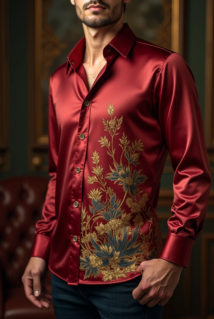 A rich silk like gamboge colored shirt with exquisite italian art patterns on the bottomeft side , with a tiny anchor displaying on the left side
