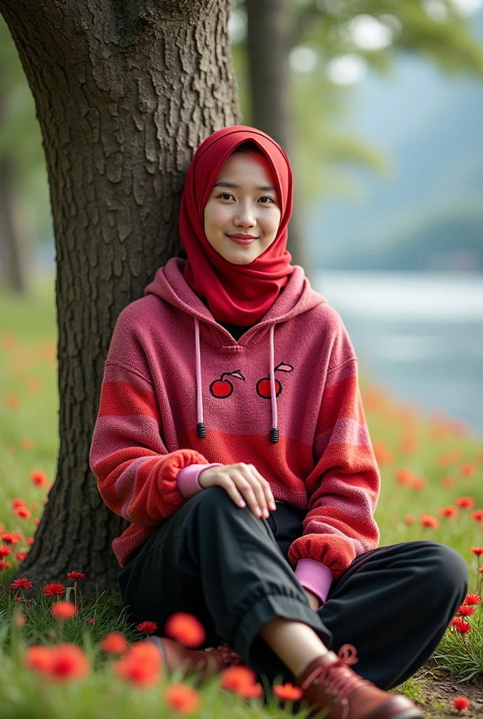 Beautiful Korean girl with white skin. Well-groomed face, sweet smile, sitting leaning under a shady tree trunk, surrounded by small red flowers, there are realistic red ants, smiling slightly, red hijab with a combination of pink, red knitted hoodie with a combination of pink motifs decorated with cherry motifs, black cropped trousers with lots of pockets, background wide rivers and mountains and trees, original and realistic photos