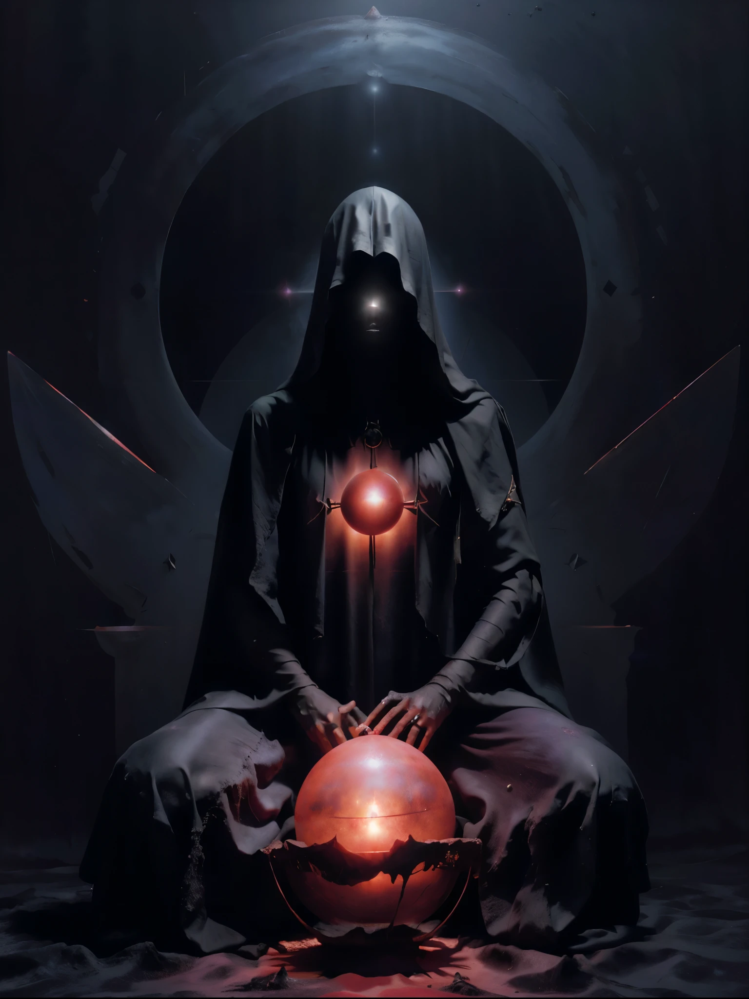 Create a highly detailed and atmospheric digital painting of a cosmic dark entity meditating in a lotus position on the surface of a barren planet. The entity has a shadowy, featureless face and a muscular humanoid body covered in dark organic tendrils that appear to flow and twist around it.. A bright red crystal is embedded in his chest, pulsating with dark energy. Above the head of the entity, A spinning purple and black cosmic vortex with a glowing mystical orb at its center radiates power, Shedding an ethereal light. The background features a vast star-filled galaxy with purple nebulas and distant cosmic phenomena., creating a sense of infinite space and power. The lighting is dark and sinister, and the main sources of light are the glowing red crystal and the mystical orb. The overall color palette is dominated by deep purples., black and touches of red, evoking a sense of cosmic mystery and power.
