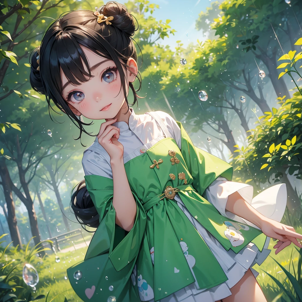 A chibi child girl had a small face and wearing a little tourist priest’s outfit, a pair of big round eyes shone with curiosity about him. This child was so cute, her hair is black with buns on her hair. Small chibi , chibi baby, smiling , chibi. 

Background is trees, vegetables, lush green, with water drops after rain, with water droplets everywhere, green