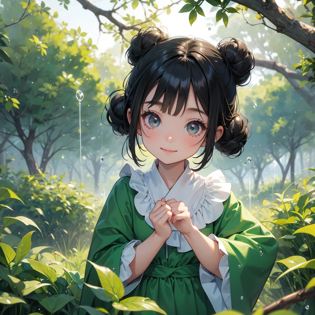A chibi child girl had a small face and wearing a little tourist priest’s outfit, a pair of big round eyes shone with curiosity about him. This child was so cute, her hair is black with buns on her hair. Small chibi , chibi baby, smiling , chibi.
Background is trees, vegetables, lush green, with water drops after rain, with water droplets everywhere, green