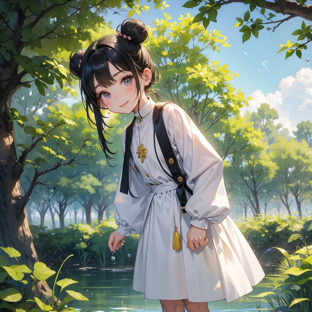 A chibi child girl had a small face and wearing a little tourist priest’s outfit, a pair of big round eyes shone with curiosity about him. This child was so cute, her hair is black with buns on her hair. Small chibi , chibi baby, smiling , chibi.
Background is trees, vegetables, lush green, with water drops after rain, with water droplets everywhere, green