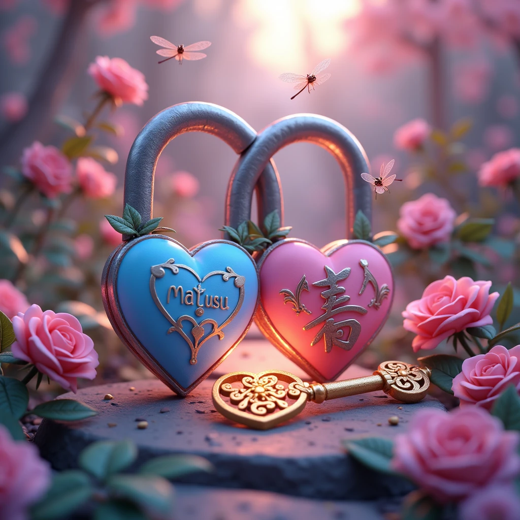 A mesmerizing 3D render of a magical garden scene, where two intertwined padlocks symbolize the union of lovebetween sunset and sunrise. The padlocks, intricately designed, bear "Matsu" a romantic blue heart shape and "Rubi" a playful pink heart shape. The locks are adorned with roses and emit a soft glow, creating a mystical atmosphere. Pink and blue dragonflies dance around the padlocks, adding to the whimsical charm. A golden key with intricate hearts motifs sits beside the padlocks, ready to unlock the secrets of love. This enchanting artwork masterfully combines typography, illustration, and 3D rendering, evoking a love story or fairy tale, and highlights the artist's exceptional talent in blending various creative elements., typography, 3d render, photo, illustrationLess
