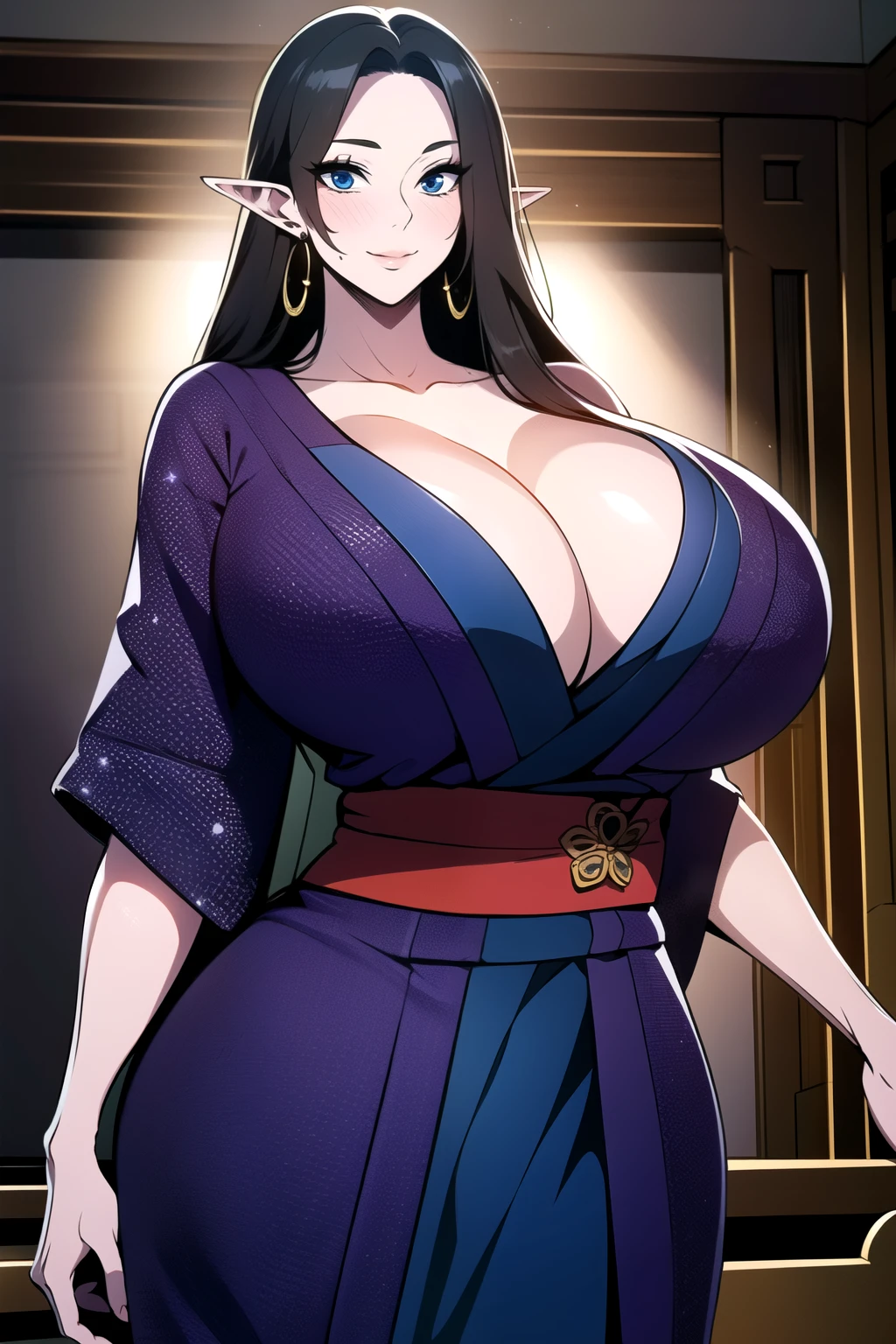 ultra realistic 8k cg, masterpiece, ((ultra detailed background,  intricate detail, highly detailed, fine details best quality, hyperdetailed face)), gigantic breasts ,beautiful lighting, absurdres, BoaHancockV2,  1girl, solo, (black hair), long hair, jewelry, closed mouth, ), cleavage, (short kimono : 1.1), (cleavage),, curvy, midriff, curvy, thighs, shiny clothes), blue eyes, complex detailed background, indoor, palace), ((cowboy shot)), curvy, (gigantic breasts: 1.1), seductive smile, cowboy shot, earrings, jewelry, elf ears