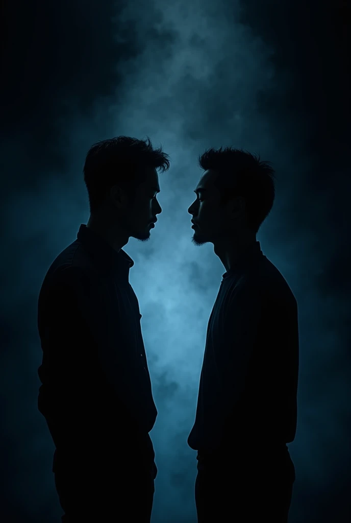 fais deux homme asiatique entrain de se regarder dans un fond dans une silhouette noirec une lumière bleu derrière