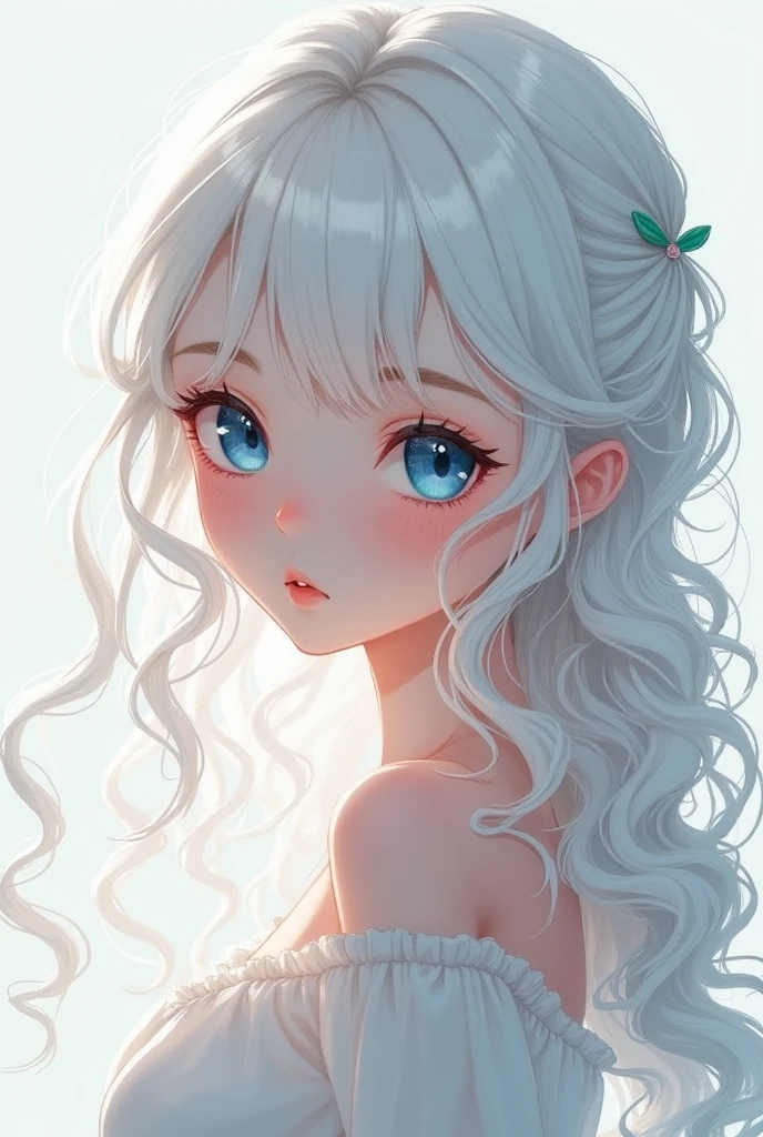 An anime girl about , her white hair is curly and very long, her eyes are crystal blue, her hair is loosely tied.