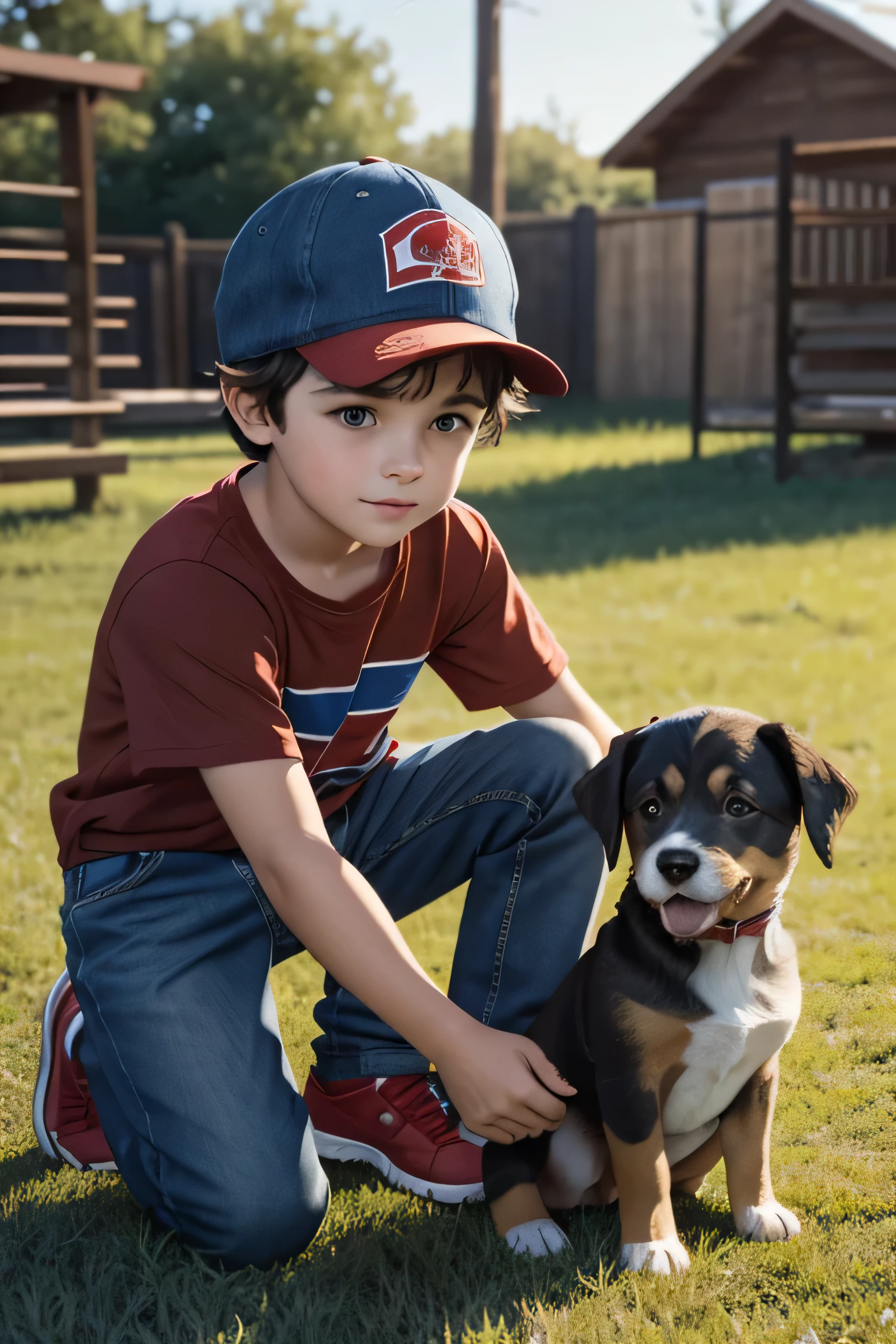 "A young boy with messy brown hair and bright eyes, wearing a red cap and blue jeans, playing with a puppy in the yard."