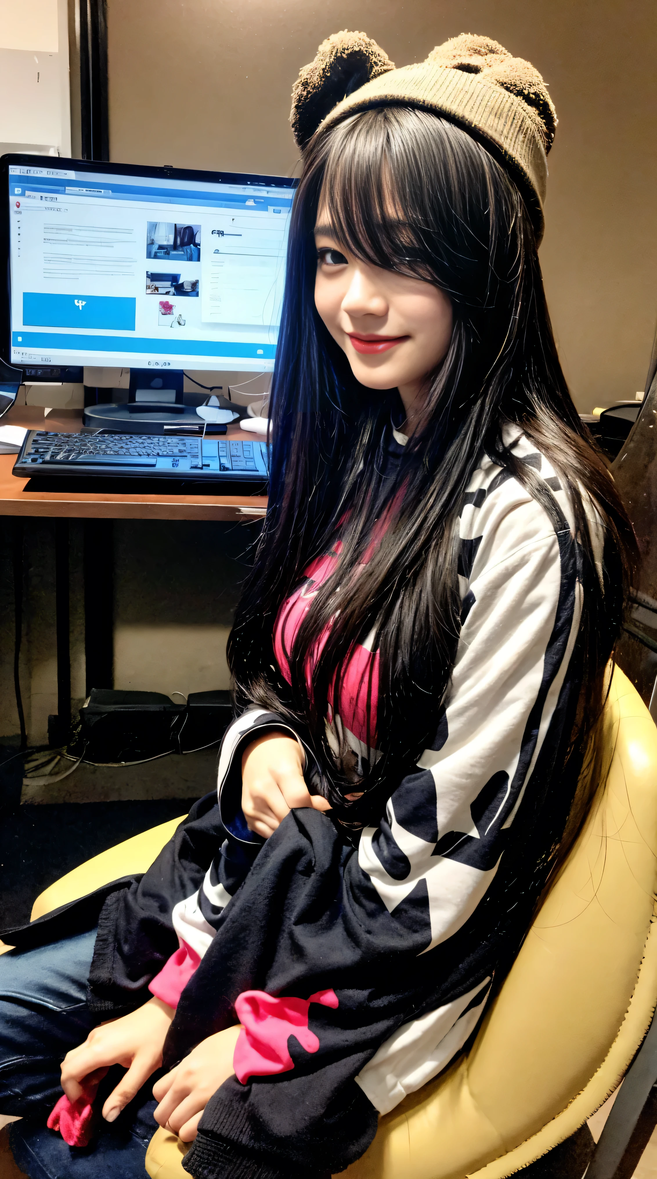 lovely cute young attractive teenage girl, village girl, 1, cute, an Instagram model, long black_hair, colorful hair, winter, wear indian saari blue color, sitting at chair in tech company,, clean face, realistic eye with detailing, working online on computer table, hold the mouse with right hand, smiling face, software company,white top, golden chain, working on computer and showing in front camera like this,lip polish with red color, unique image as previous