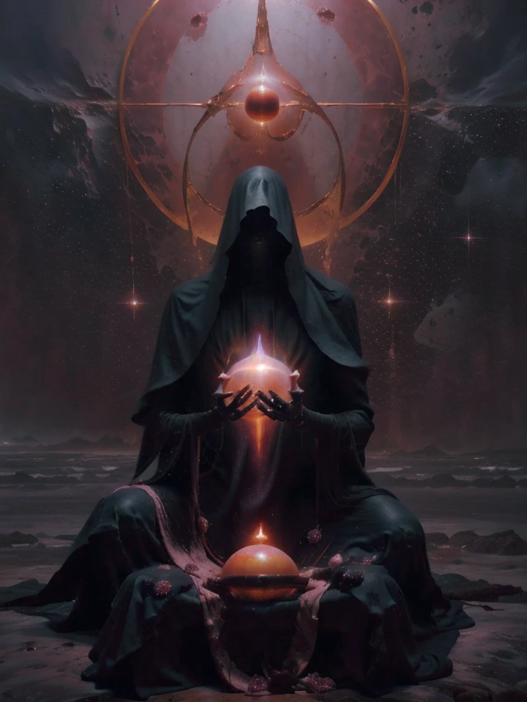 Create a highly detailed and atmospheric digital painting of a cosmic dark entity meditating in a lotus position on the surface of a barren planet. The entity has a shadowy, featureless face and a muscular humanoid body covered in dark organic tendrils that appear to flow and twist around it.. A bright red crystal is embedded in his chest, pulsating with dark energy. Above the head of the entity, A spinning purple and black cosmic vortex with a glowing mystical orb at its center radiates power, Shedding an ethereal light. The background features a vast star-filled galaxy with purple nebulas and distant cosmic phenomena., creating a sense of infinite space and power. The lighting is dark and sinister, and the main sources of light are the glowing red crystal and the mystical orb. The overall color palette is dominated by deep purples., black and touches of red, evoking a sense of cosmic mystery and power.