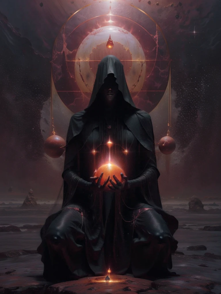 Create a highly detailed and atmospheric digital painting of a cosmic dark entity meditating in a lotus position on the surface of a barren planet. The entity has a shadowy, featureless face and a muscular humanoid body covered in dark organic tendrils that appear to flow and twist around it.. A bright red crystal is embedded in his chest, pulsating with dark energy. Above the head of the entity, A spinning purple and black cosmic vortex with a glowing mystical orb at its center radiates power, Shedding an ethereal light. The background features a vast star-filled galaxy with purple nebulas and distant cosmic phenomena., creating a sense of infinite space and power. The lighting is dark and sinister, and the main sources of light are the glowing red crystal and the mystical orb. The overall color palette is dominated by deep purples., black and touches of red, evoking a sense of cosmic mystery and power.