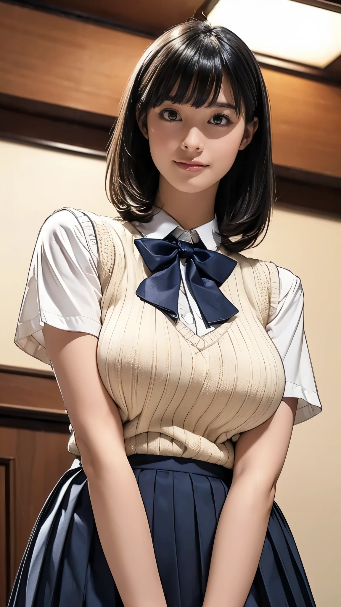 (masterpiece:1.2, Highest quality), (Realistic, photoRealistic:1.4), (Large Breasts:1.5, Saggy breasts:1.3), Beautiful illustrations, (Natural Side Lighting, Cinema Lighting), Written boundary depth, Looking at the audience, (Face Focus, Upper Body), Front view, 1 person, Japanese, , , Perfect Face, Symmetrical cute face, Glowing Skin, (Bob Hair:1.7,Black Hair), Asymmetrical bangs, Big eyes, Droopy eyes, long eyelashes chest), thin, Beautiful Hair, Beautiful Face, Beautiful and beautiful eyes, Beautiful clavicle, Beautiful body, Beautiful breasts, Beautiful thighs, Beautiful feet, Beautiful fingers, ((Quality fabric texture, Brown knitted vest, Short sleeve white collar shirt, Navy Pleated Skirt, Navy bow tie)), (Beautiful views), evening, (Inside the flower shop), Are standing, (smile, Excellent, Open your mouth), (From below:1.5),(Poor horizon:1.5), (From below)