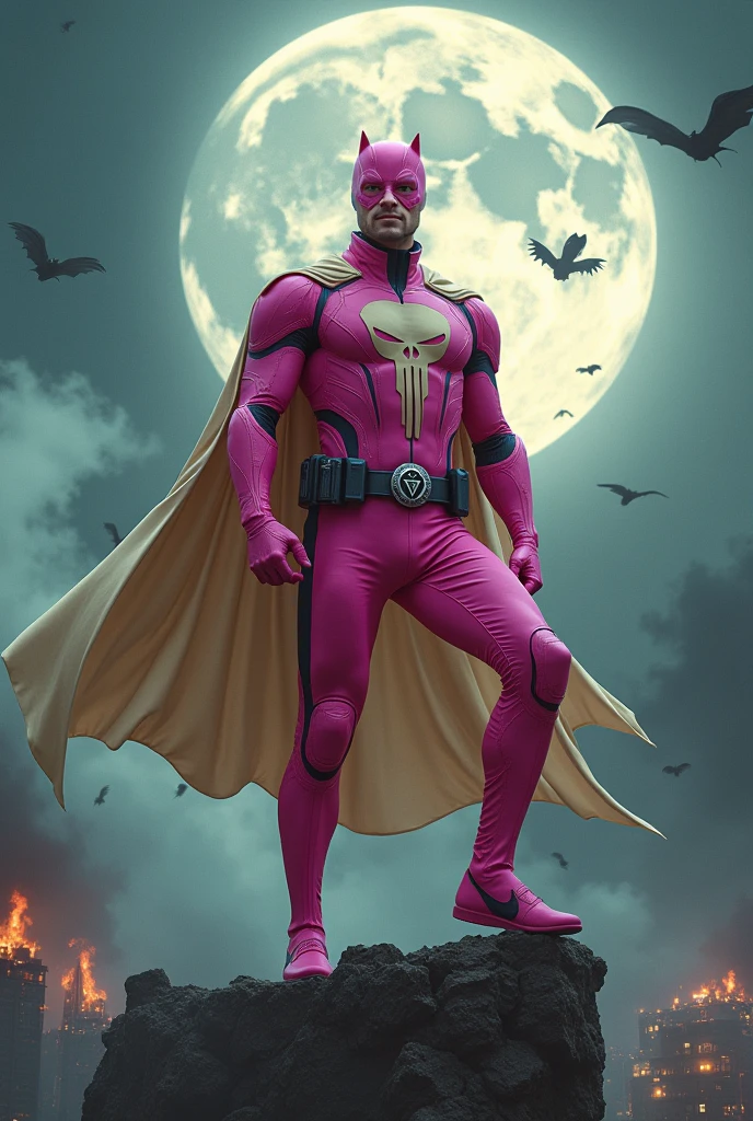 Malaysia man in high-tech suit, vivid effects, malaysian superhero (KELUANG MAN) in a striking pink and brown beige costume cyberpunk design, mask small mini bat ear beige, daredevil beige mask, jumpsuit dark pink stands confidently in a dramatic.jumping from high place.hero costume.one hand rise up. Big triangle logo on the chest.high detail Punisher logo on the chest. Fighting pose , stormy landscape. ((Head covered node guard like batman. Running pose , athletic body type, small mini ear bat mask))The character wears domino mask a helmet with pointed mini torn ears and a flowing cape biege, open nose and mouth. Equipped with visible futuristic weapons on a belt,bullet proof jacket pink dark day.show fingers pose, dark night, big supermoon effect . Small logo on chest triangle shape small punisher logo center triangle cyber logo center on chest pink logo mini logo . rocky. Building top.smoke ground , bomb effect background, losse pants, losses costume.adding to --ar 3:4 --style raw --stylize 500 --v 6.1. chaos. Lot of small flying bat. One leg on the high stone. Man . Real man age 40 year old. One hand holding belt.one hand holding black rope hanging on building