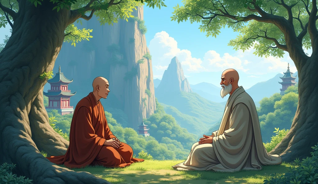 Old chinese bald monk sensei talking to young boy monk desciple, sitting, beautiful scenario, trees, temples, cliff, in anime style,
