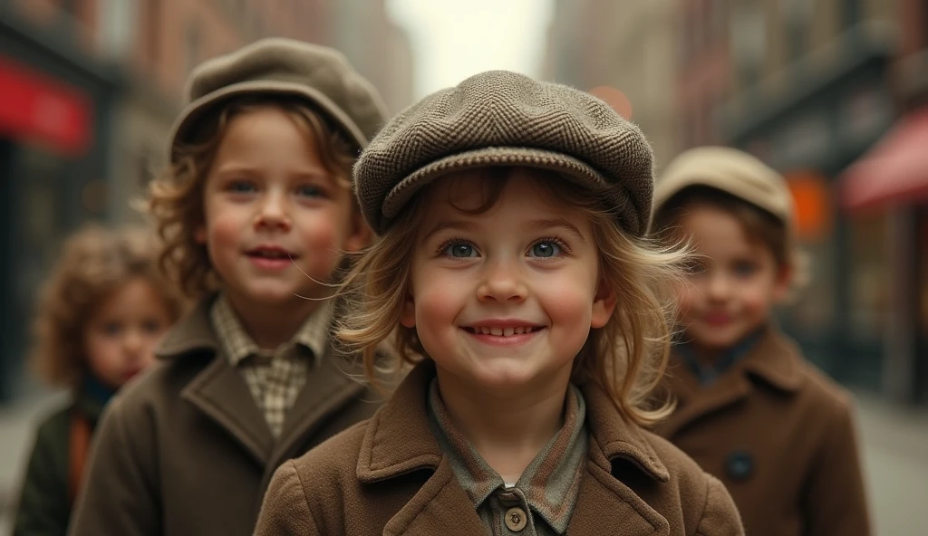 1912 New York City, smille children playing in the streets, detailed portrait, beautiful detailed eyes, beautiful detailed lips, extremely detailed face, long eyelashes, vintage, antique, sepia-toned, warm lighting, nostalgic, cinematic, film grain, intricate details, atmospheric, high quality, photorealistic, 8k, masterpiece