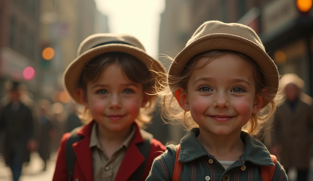 1912 New York City, smille children playing in the streets, detailed portrait, beautiful detailed eyes, beautiful detailed lips, extremely detailed face, long eyelashes, vintage, antique, sepia-toned, warm lighting, nostalgic, cinematic, film grain, intricate details, atmospheric, high quality, photorealistic, 8k, masterpiece