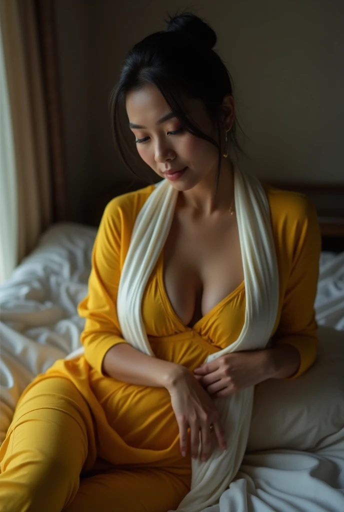 Photo of Japanese Mature Aunty with dusky skin, Wearing Tight yellow Kurti and White stole tied around her neck, Showing large Cleavage Sitting on Bed, Hair tied behind, Dim light in the room.