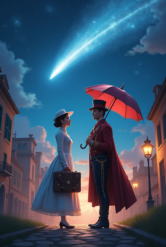Mary Poppins, king, magic, umbrella, comet, suitcase, deshollinador, scenery