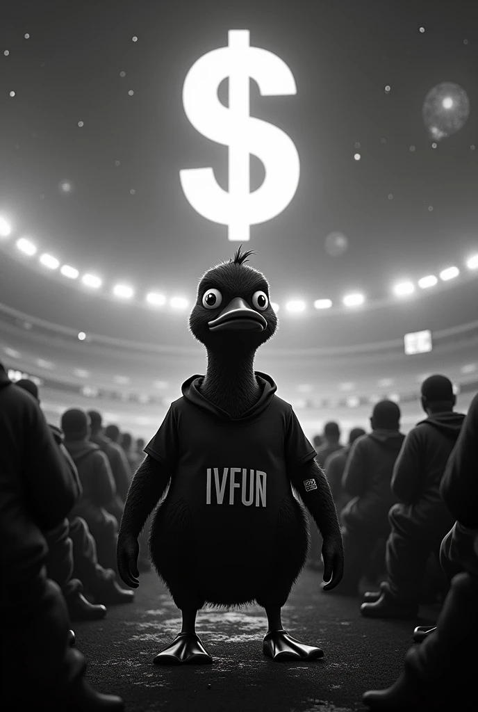 "Imagine a teenage ninja duck in a 'Sin City'-style cosmic setting. The duck, wearing a sleek, dark ninja outfit, sports a bright IVFun logo t-shirt and has a prominent IVFun tattoo on its arm or leg. It stands in the center of the largest stadium in the galaxy, depicted in high-contrast black and white, with deep shadows and bright highlights.

Surrounding the duck is a crowd of 1,000 duck fans, all wearing IVFun caps. The fans are rendered in silhouettes or with minimal detail, maintaining the noir aesthetic while their caps are distinctly visible. The backdrop of the stadium is dark, with vivid stars, nebulae, and distant planets adding depth.

The duck's expression is one of intense shock and excitement, with wide eyes and an open beak as it gazes at a colossal, glowing dollar sign floating above the stadium. This scene merges the gritty, stylized look of 'Sin City' with the thrill of a massive fanbase and an incredible financial triumph." 8k
