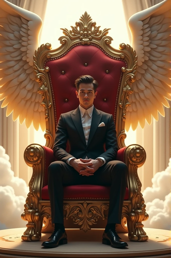 Generate a more powerful and majestic chair, like an angel's throne. a grand, ornate chair with intricate carvings of wings, clouds, and halos. The chair is adorned with shimmering gold and silver accents, and its seat is made of the finest velvet. The back of the chair rises like a crescent moon, with delicate feathers etched into its surface. The chair seems to glow with a soft, ethereal light, as if it's been kissed by the divine.The cute boy 2,SYED SAIFULLAH, sits regally in this magnificent chair, his all-black suit a striking contrast to the chair's celestial beauty. His eyes shine bright, and his smile radiates confidence and charm.