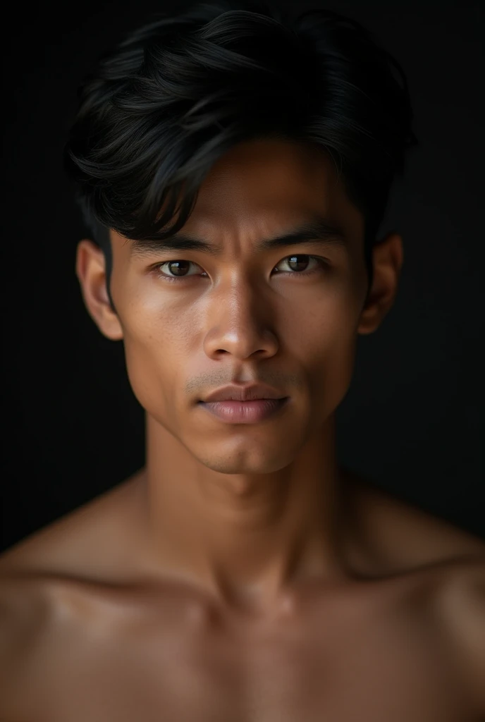 Masterpiece, detailed, 8k, a delicate and graceful portrait of a young handsome indonesian male, shirtless, black hair, beautiful eyes, super detailed face, tanned skin, dramatic lighting, fierce expression 