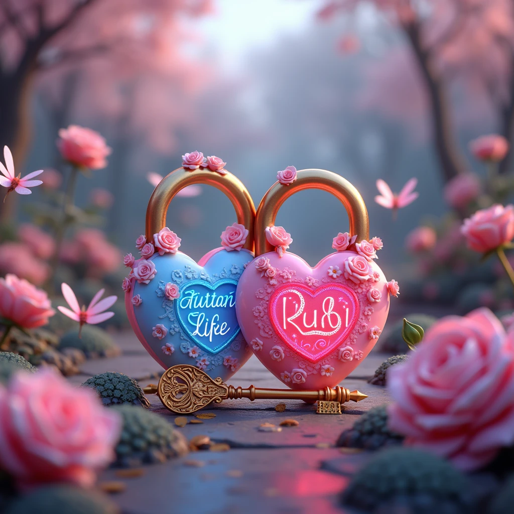 A mesmerizing 3D render of a magical garden scene, where two intertwined padlocks symbolize the union of lovebetween sunset and sunrise. The padlocks, intricately designed, bear "Matsu" a romantic blue heart shape and "Rubi" a playful pink heart shape. The locks are adorned with roses and emit a soft glow, creating a mystical atmosphere. Pink and blue dragonflies dance around the padlocks, adding to the whimsical charm. A golden key with intricate hearts motifs sits beside the padlocks, ready to unlock the secrets of love. This enchanting artwork masterfully combines typography, illustration, and 3D rendering, evoking a love story or fairy tale, and highlights the artist's exceptional talent in blending various creative elements., typography, 3d render, photo, illustrationLess
