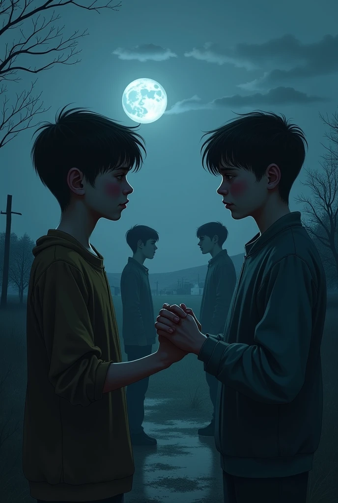 A village in which a group of 4 people Lonely 2 boy full of despair, looking at the finger, talking to each other, light of the moon