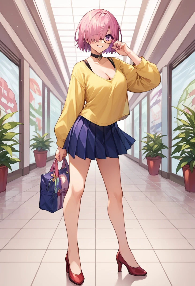 score_9, score_8_up, score_7_up, score_6_up, source_anime, mash kyrielight, short hair, purple eyes, pink hair, hair over one eye, glasses, 1girl, solo, Yellow shirt, cleavage, choker, pleated mini skirt, red high heels, posing, smiling, full body shot, the background is in a mall with lots of lights and reflectors everywhere